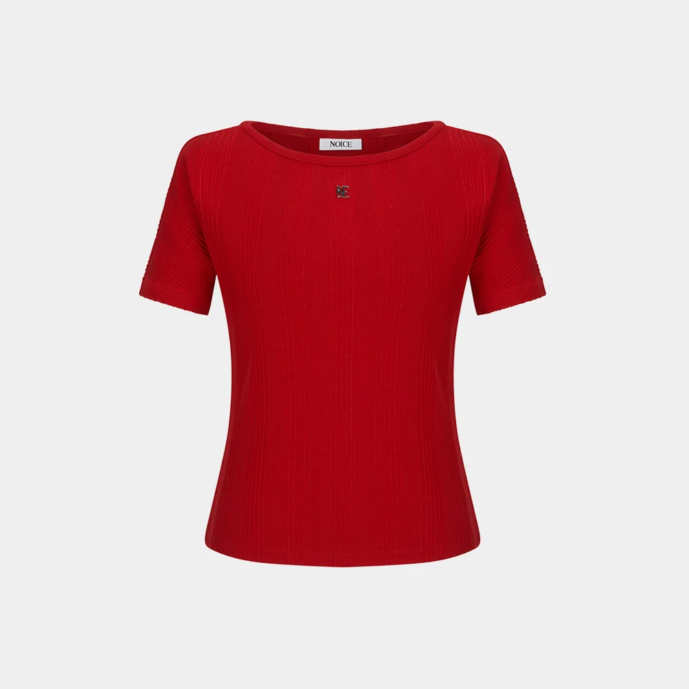 (W) BOAT-NECK LOGO RIBBED T-SHIRT - RED