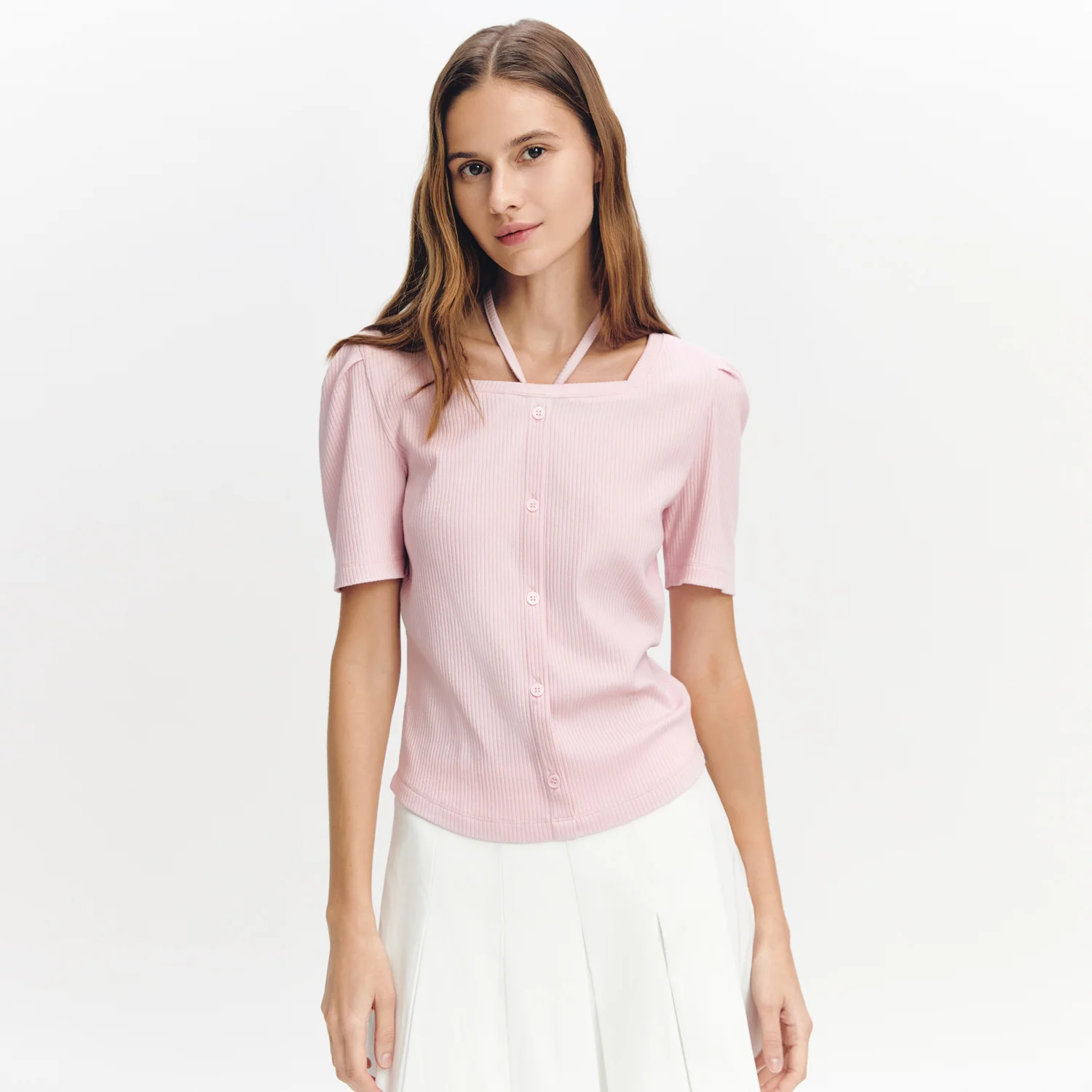 Tie-decorated Square-neck Top PINK