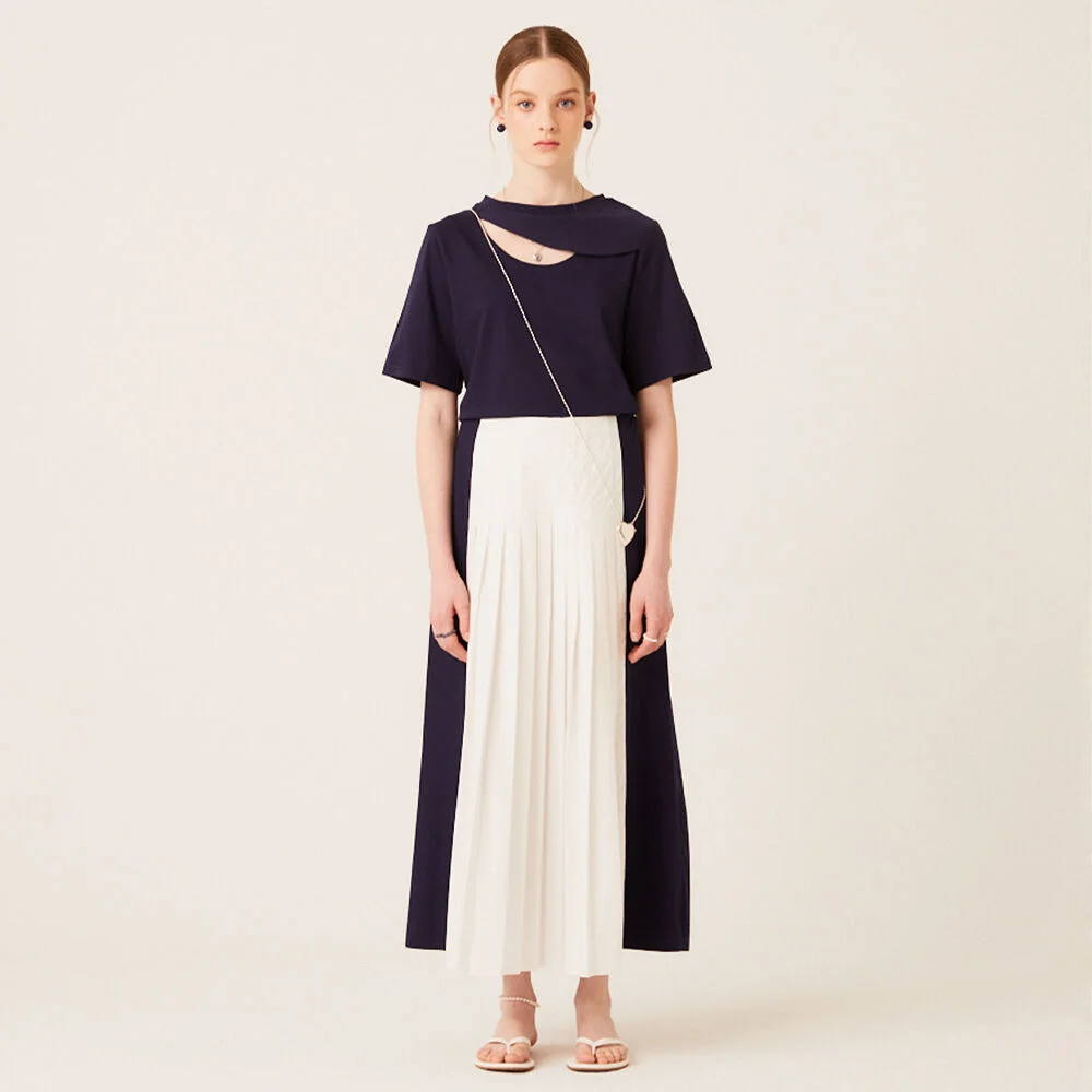 TWO WAY COTTON PLEATS LONG SKIRT (NAVY)