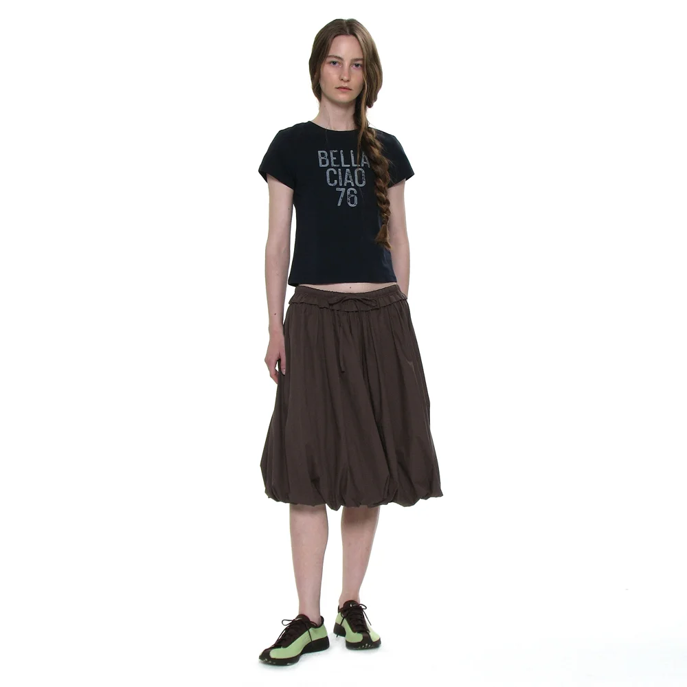 FRILL WAIST PUFF MIDI SKIRT_BROWN