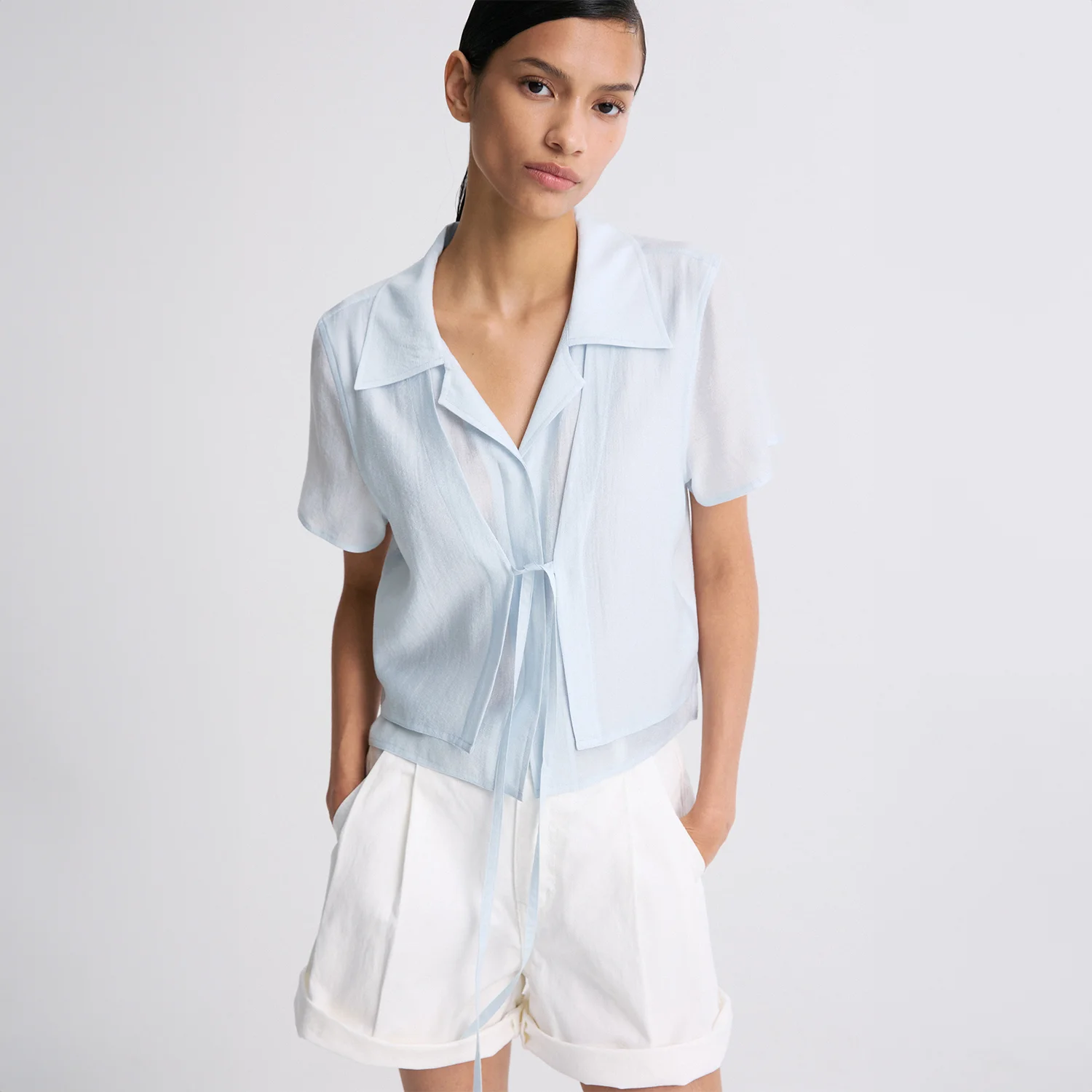 FRONT-TIE SHIRT BLOUSE SKY BLUE