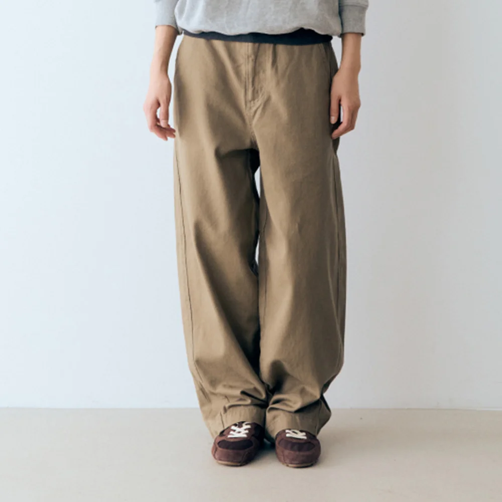 純棉 斜紋 弧形 褲子 Beige