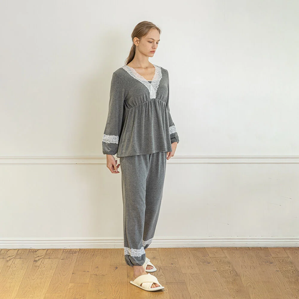 MJ_V-neck lace loose two piece pajamas_GRAY