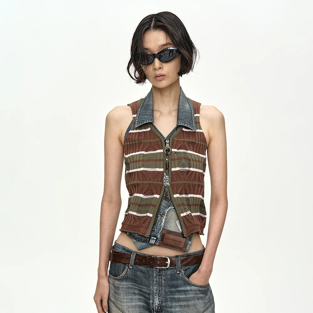 STRIPE OPEN KNIT VEST atb1562w(BROWN/PINK)