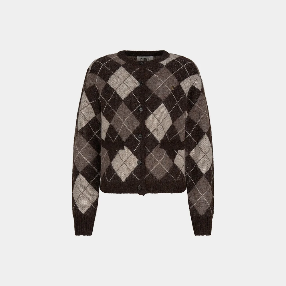 (W) ARGYLE MOHAIR KNIT CARDIGAN - BROWN