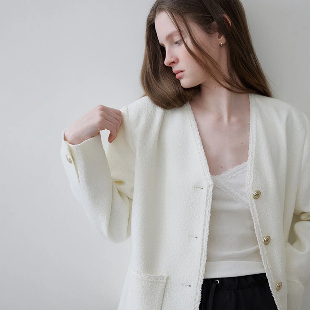 V-neck tweed jacket _Ivory