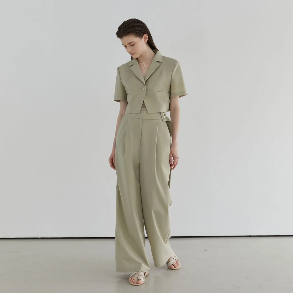 BELT POINT SUMMER WOOL WIDE PANTS - GREEN
