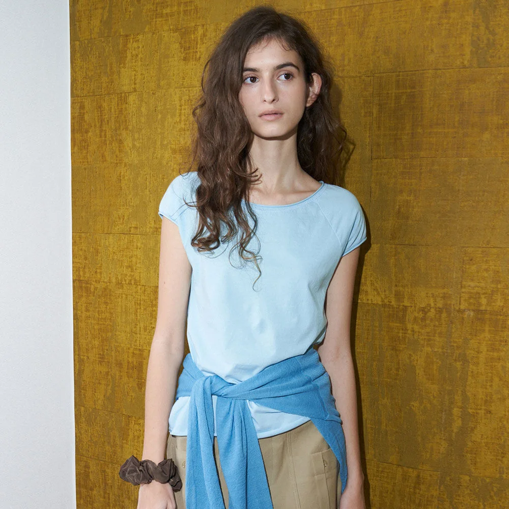 Round Neck Cap Sleeve T-Shirt(Light Blue)