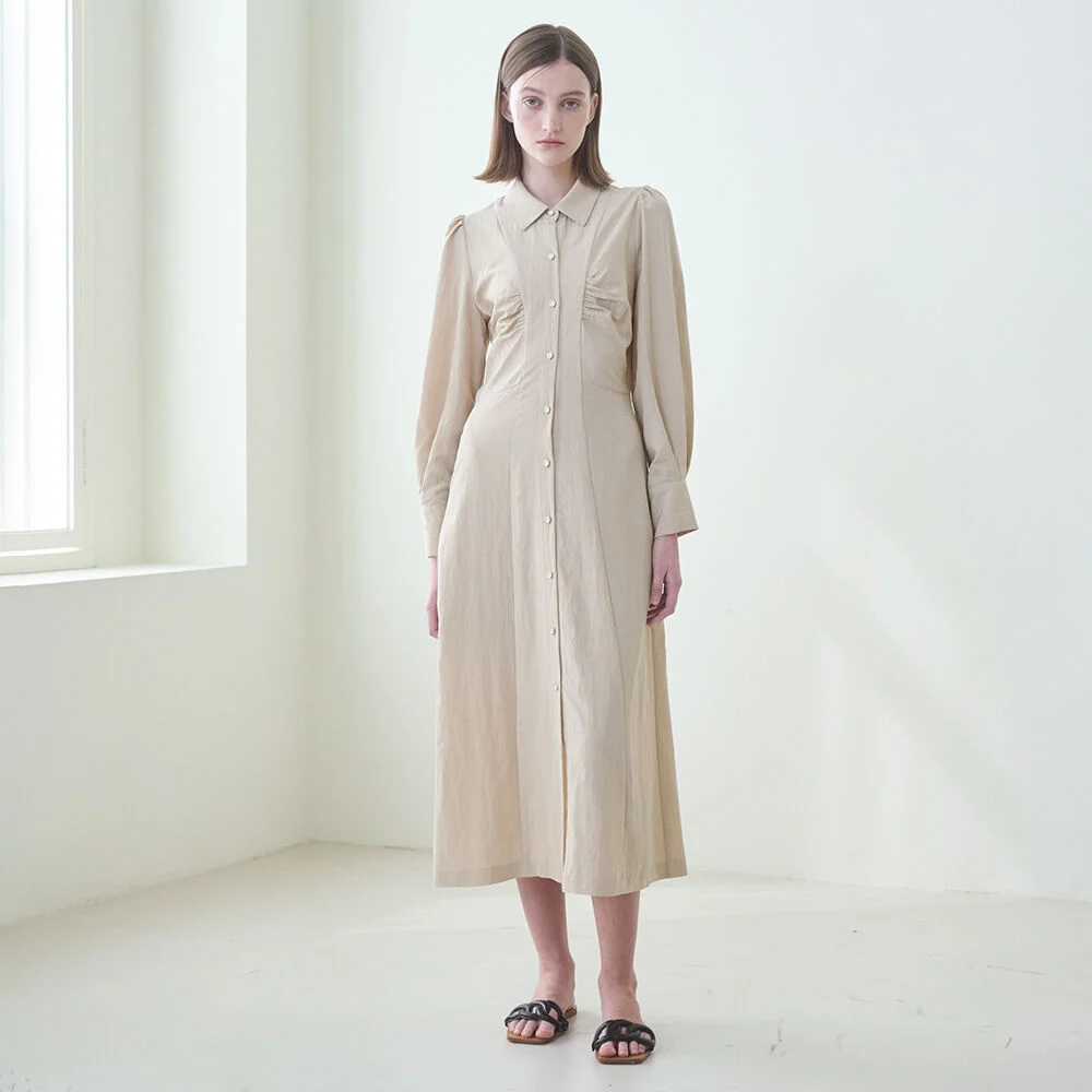 Front Shirring Shirts Dress - Beige