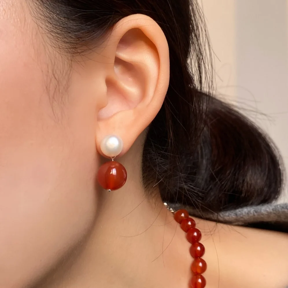 Pearl ball drop earrings (Carnelian)