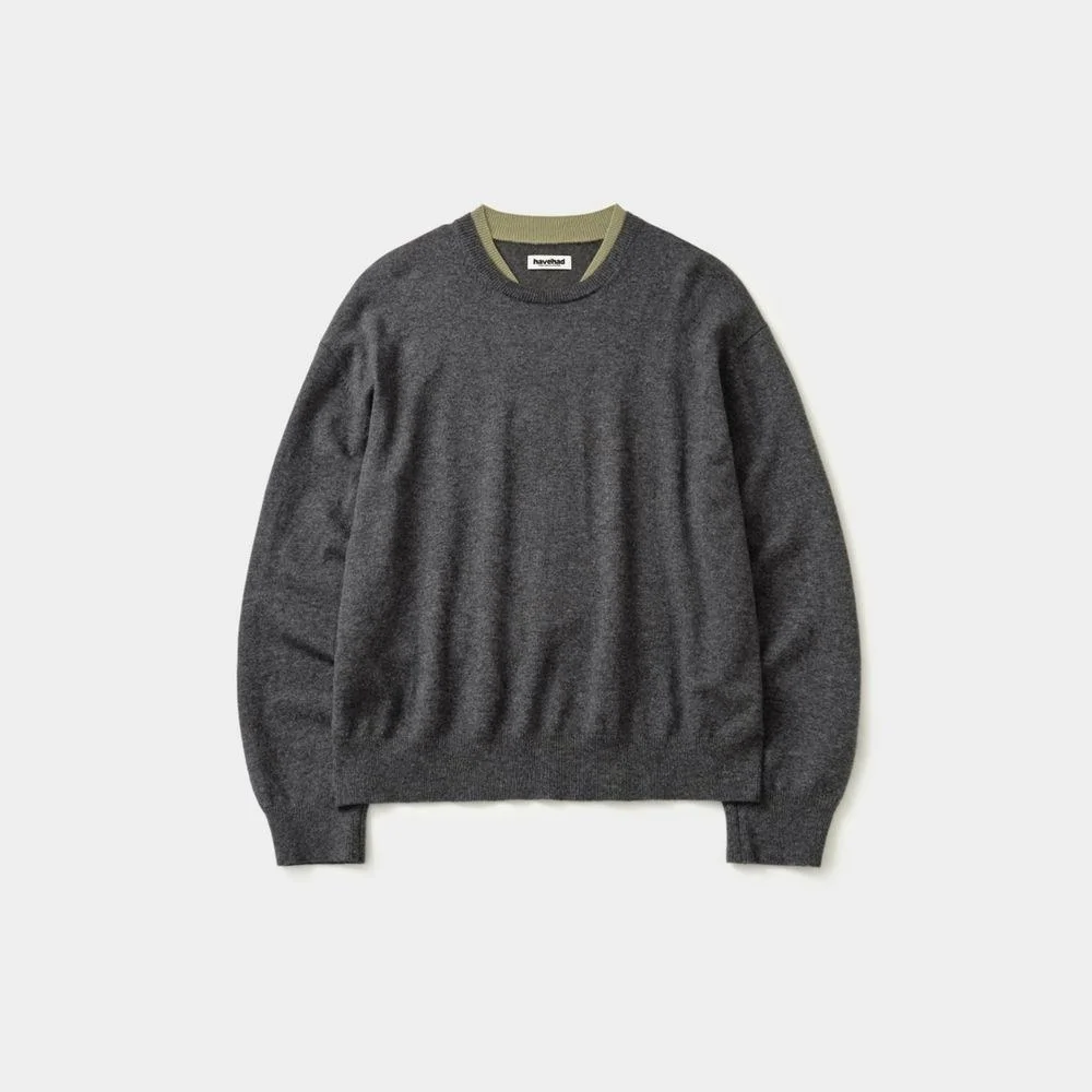 Layered Wool Crew Knit (Charcoal-Olive)