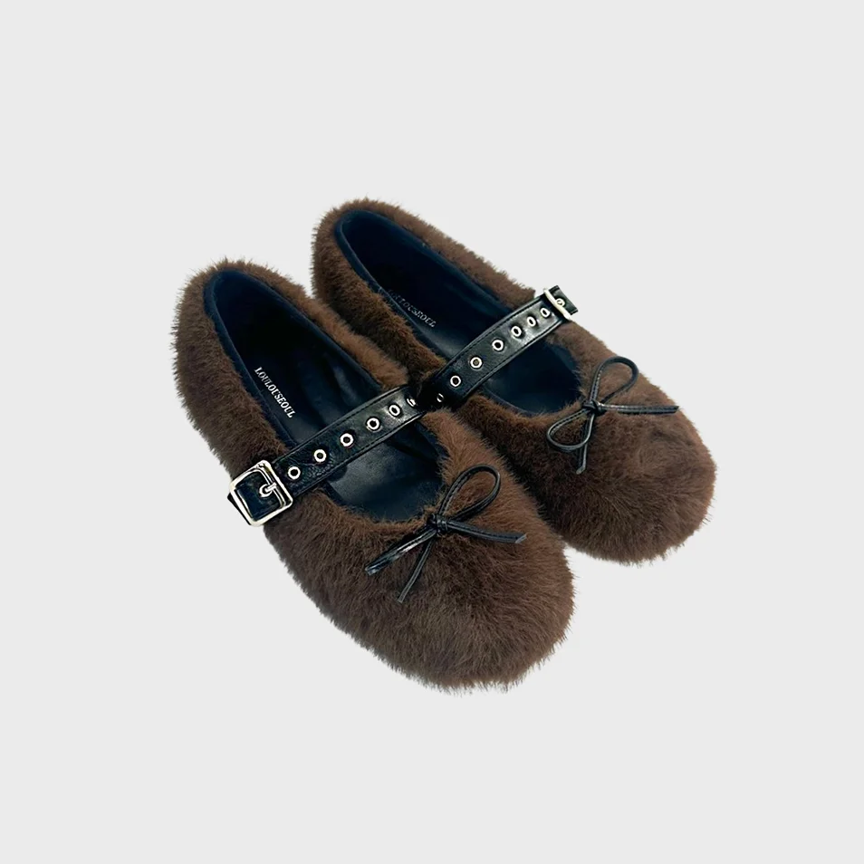 Buckle Fur Flat Shoes (Brown)