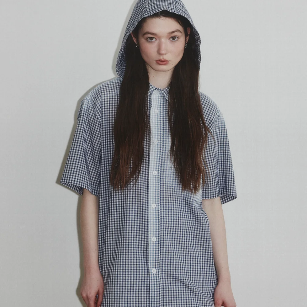 Checked Pattern Spray Hoodie Shirt_Navy_W
