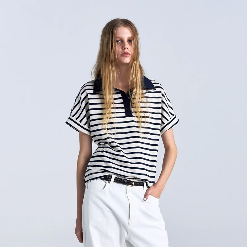 (W) STRIPED POPLIN POLO T-SHIRT - NAVY