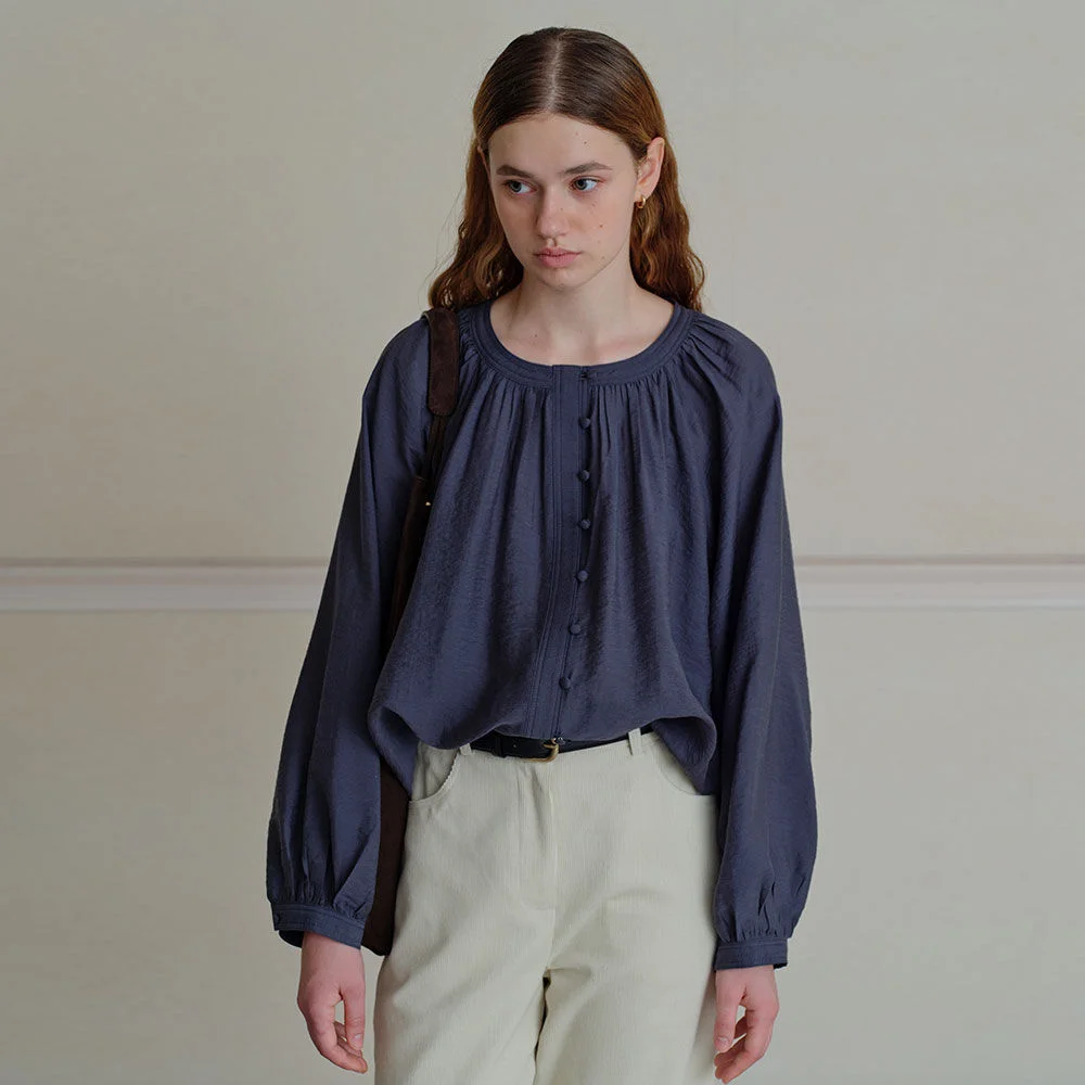 Shirring Round-Neck Blouse(Charcoal)