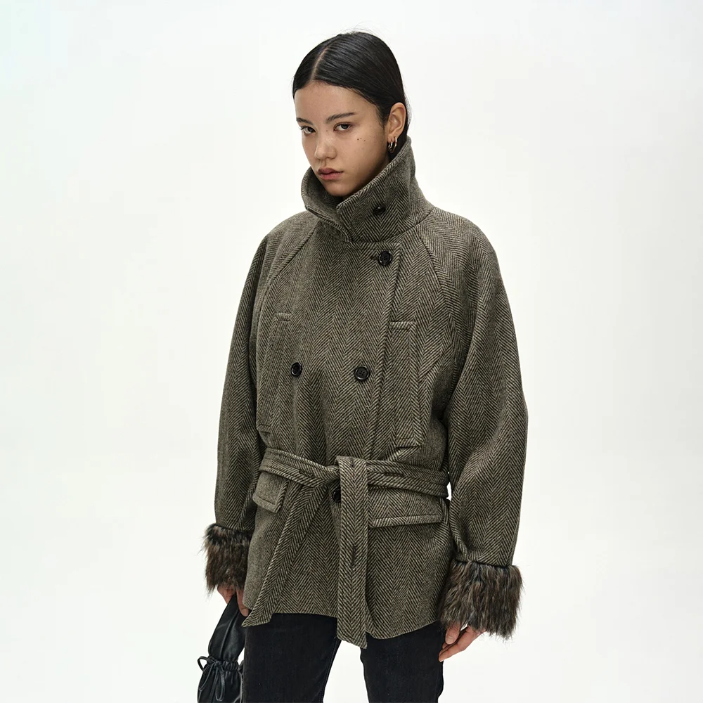 FUR CUFF HIGH NECK COAT (BROWN)