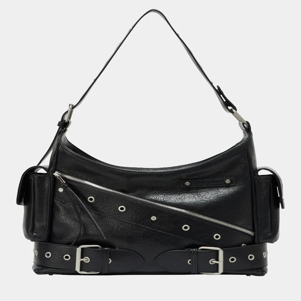 Strap Belt Eyelet Cross Big Bag (Black)