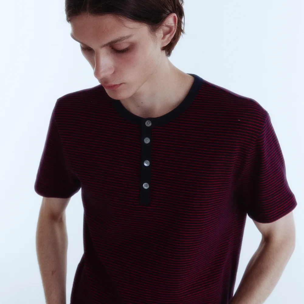 French Stripe Henley Neck Top_Scarlet Navy