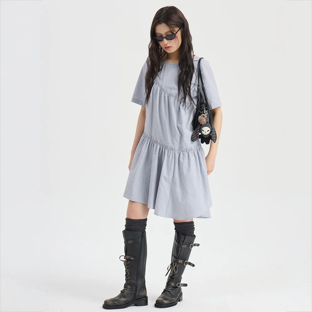 Chouetties by LUCKY CHOUETTE Check Short Sleeve Volume Mini Dress (light gray) LADAX26400GYL
