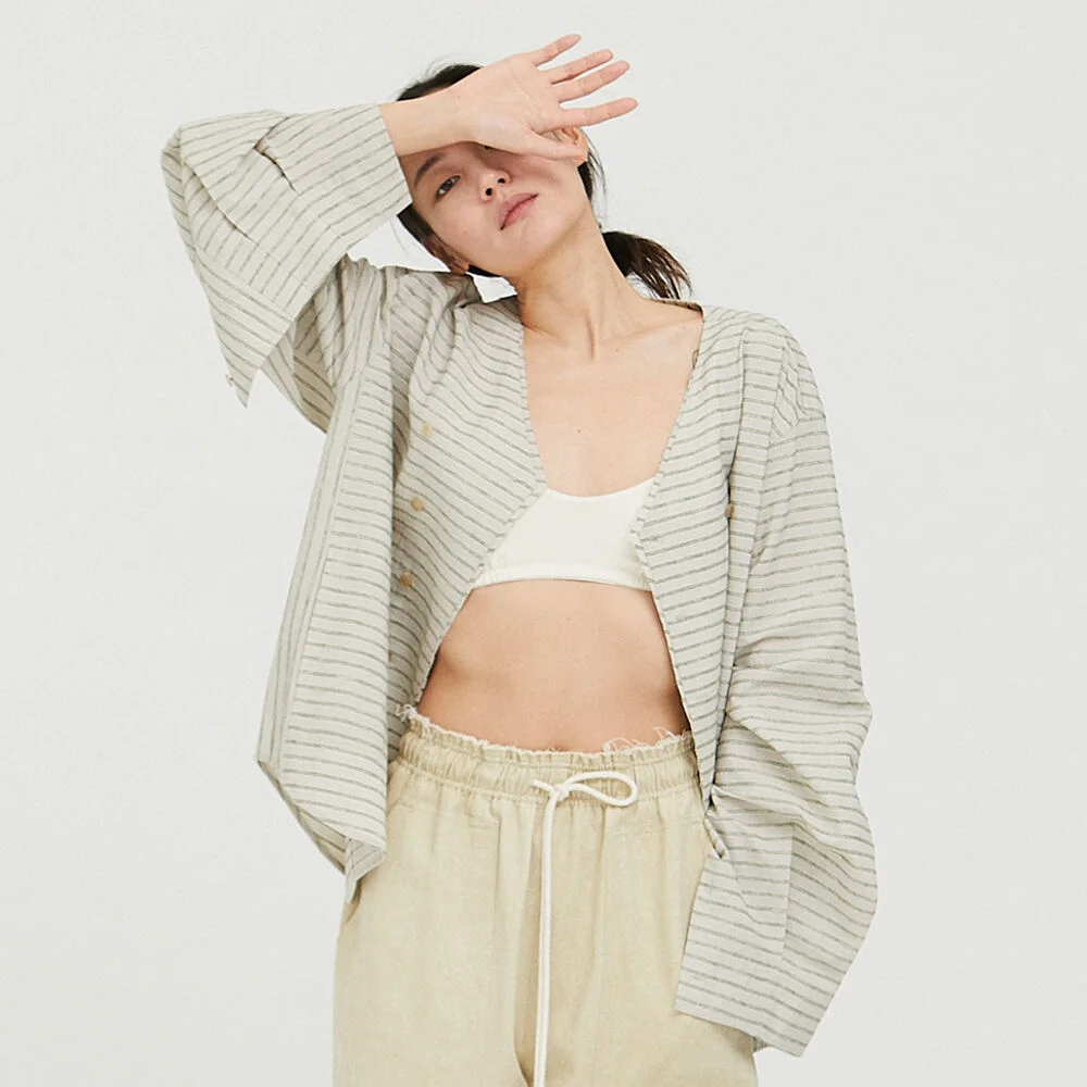 V-neck Stripe Out-Shirts / Moss Grey