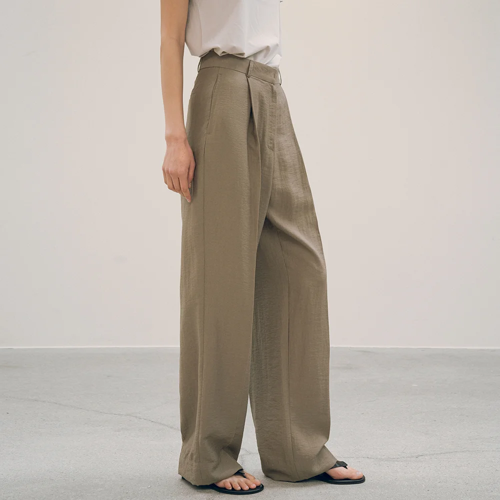 SIPT7122 居家 絲滑 寬版 西褲_Khaki brown
