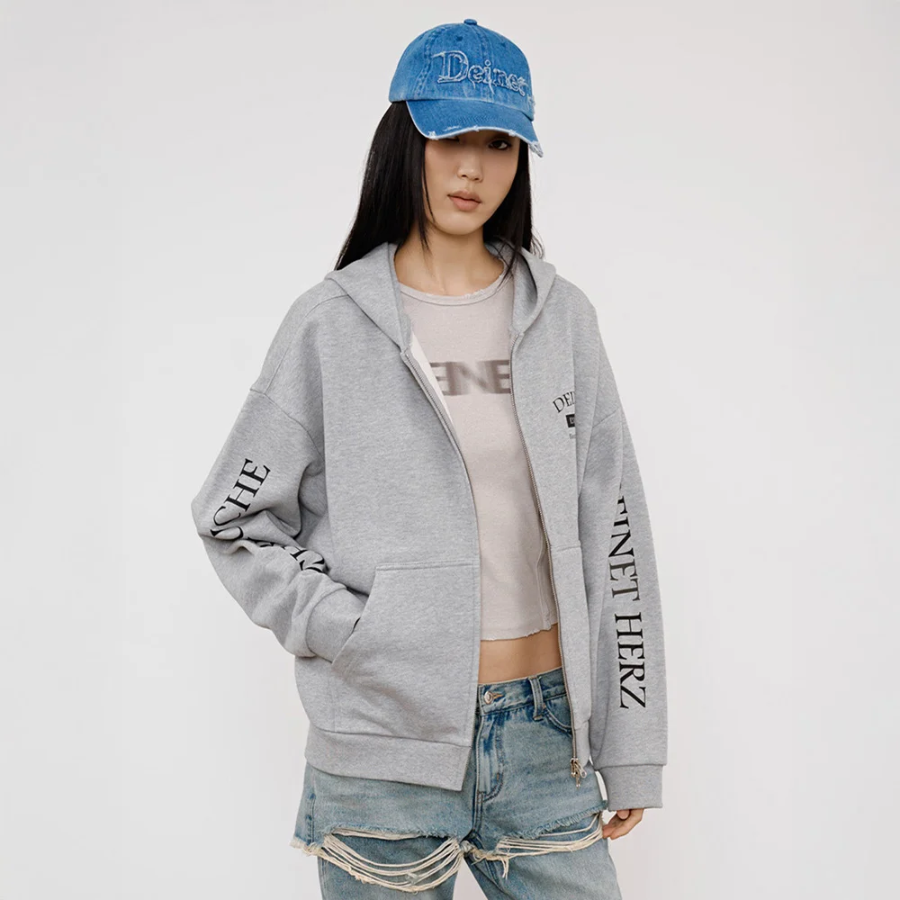 GERMAN LETTERING HOODIE ZIP-UP IN MELANGE GREY