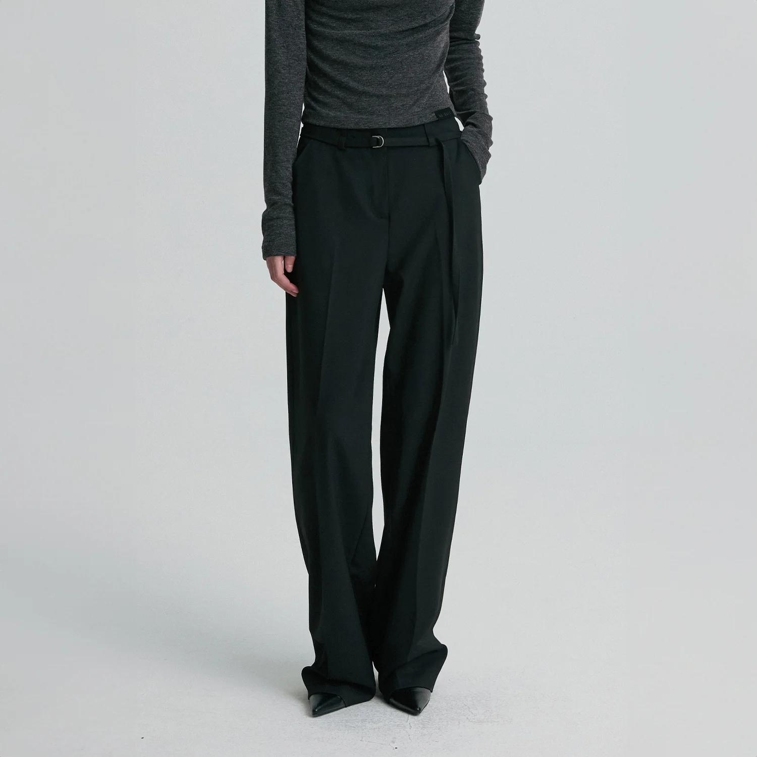 WOOL BLEND BELTED TROUSERS BLACK