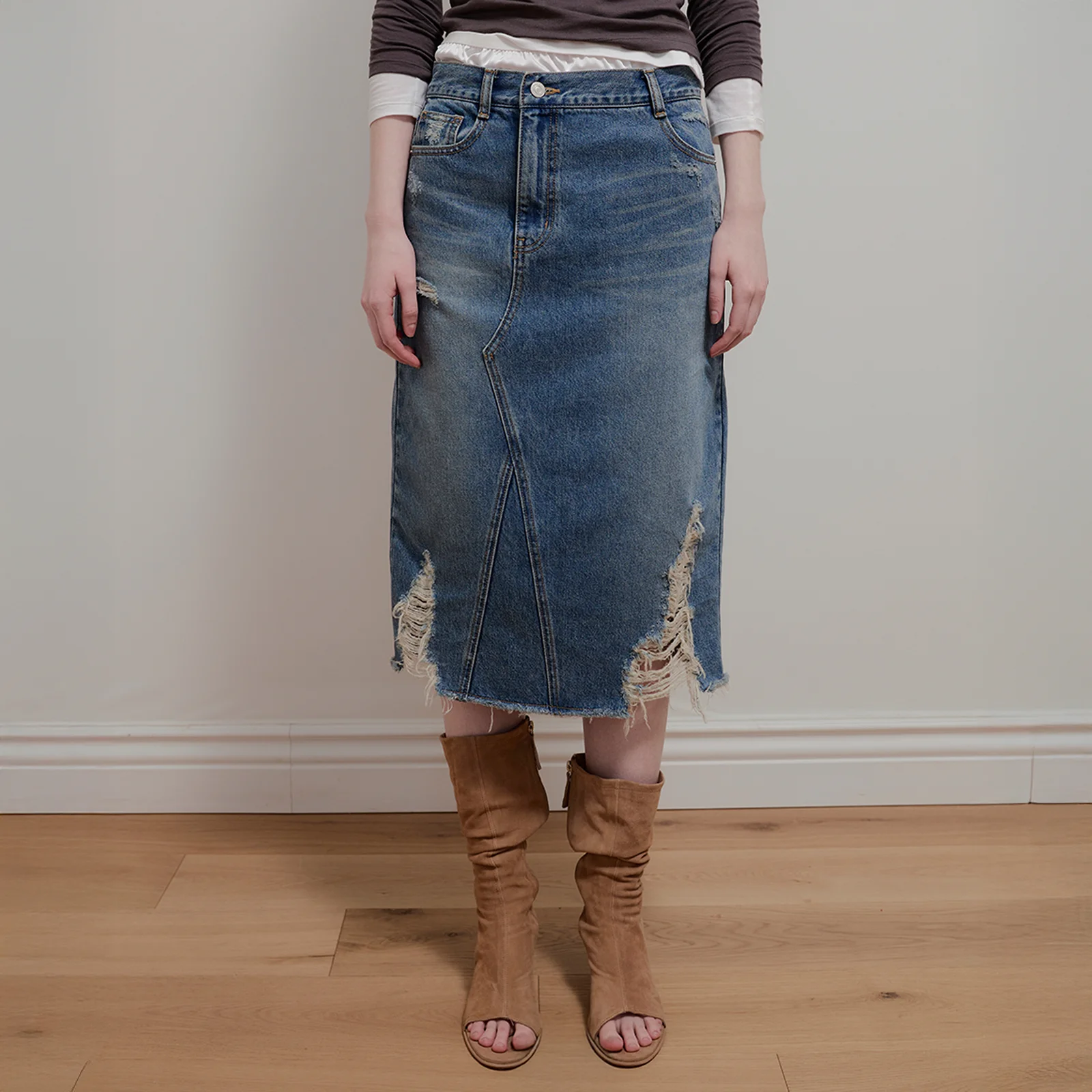 VINTAGE WASHED DENIM SKIRT - BLUE
