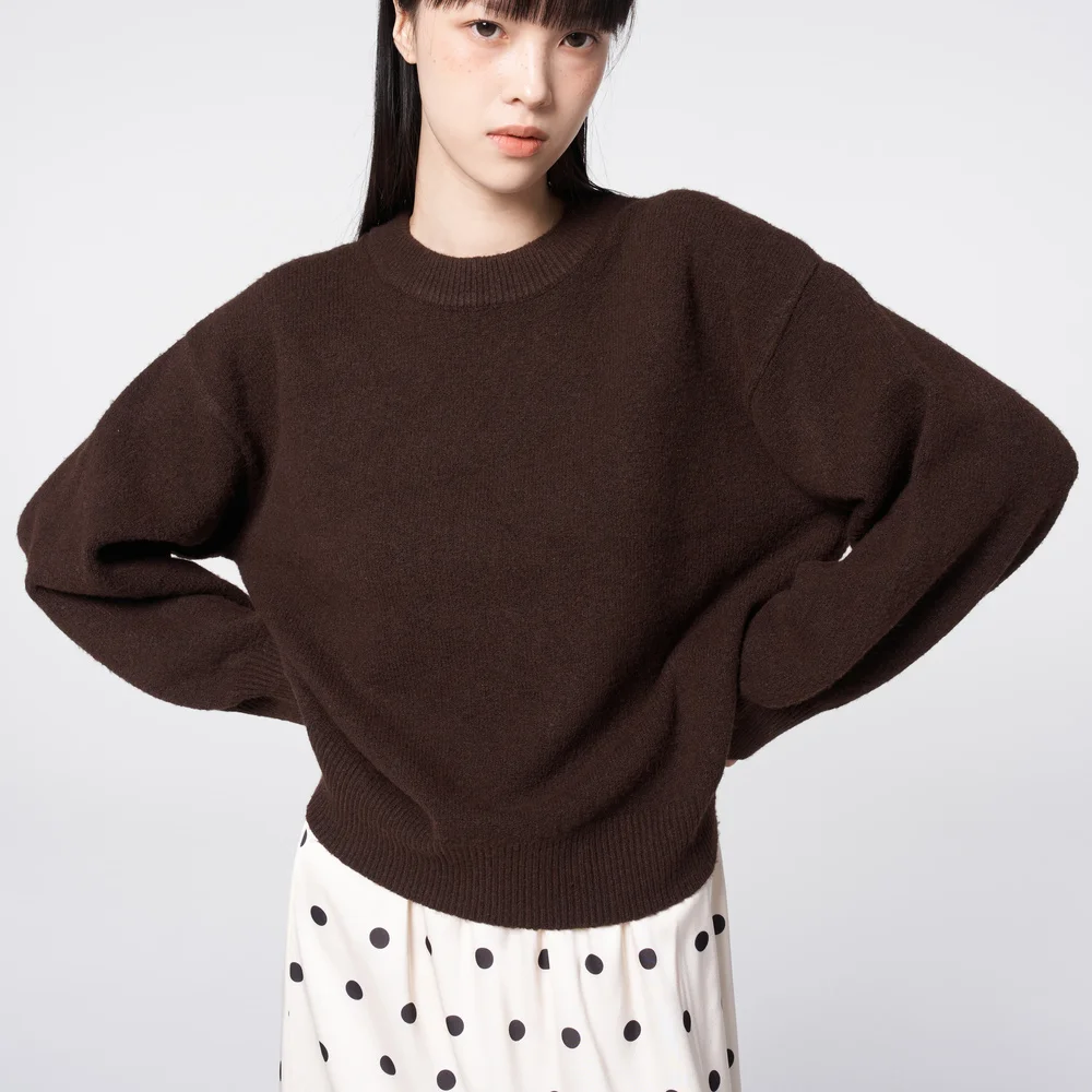 Wool Blend Brushed Crew Neck Knit Sweater Brown