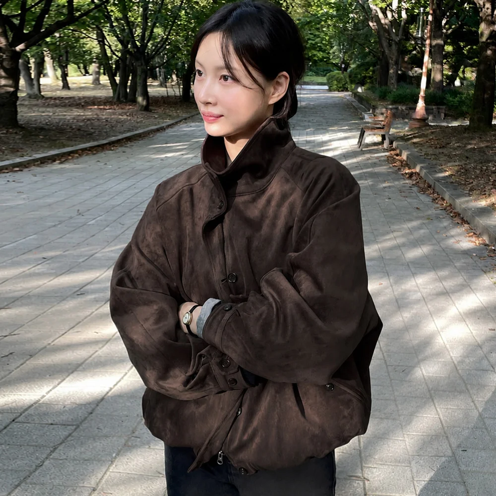 SIOT4213 麂皮 高領 短身外套_Brown