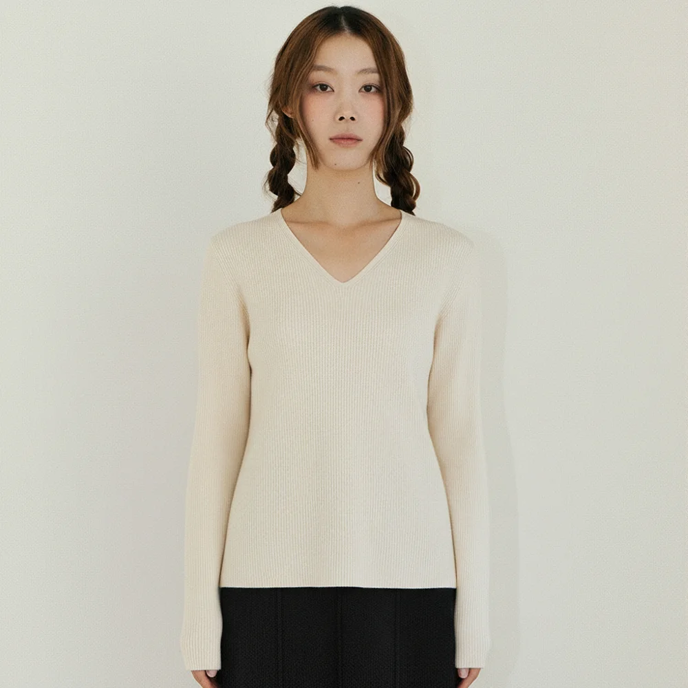 Soft Rib V-Neck Cream Knit