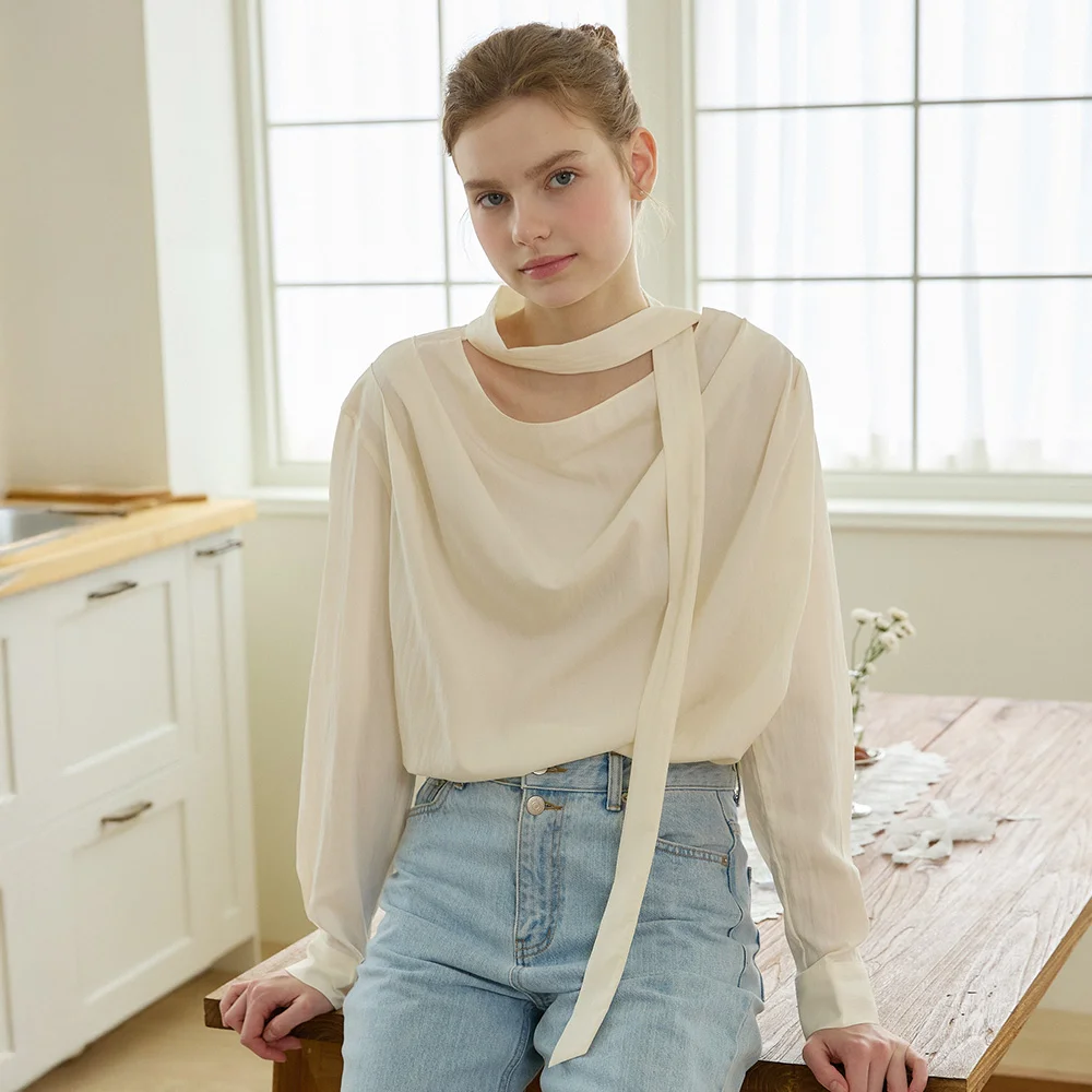 Draped Neck Tie Blouse - Cream Yellow