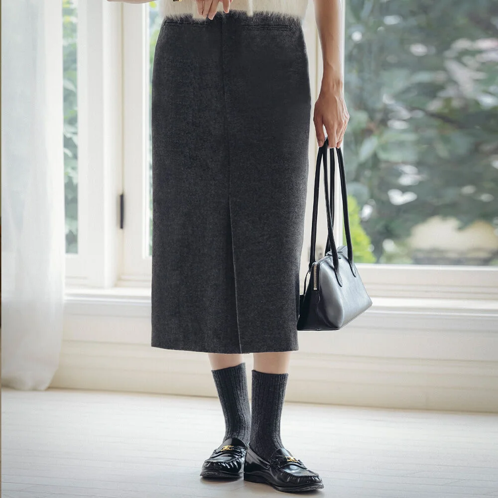 H-line wool blend slit skirt_Charcoal