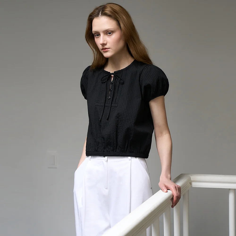 Puff Sleeve Ribbon Blouse