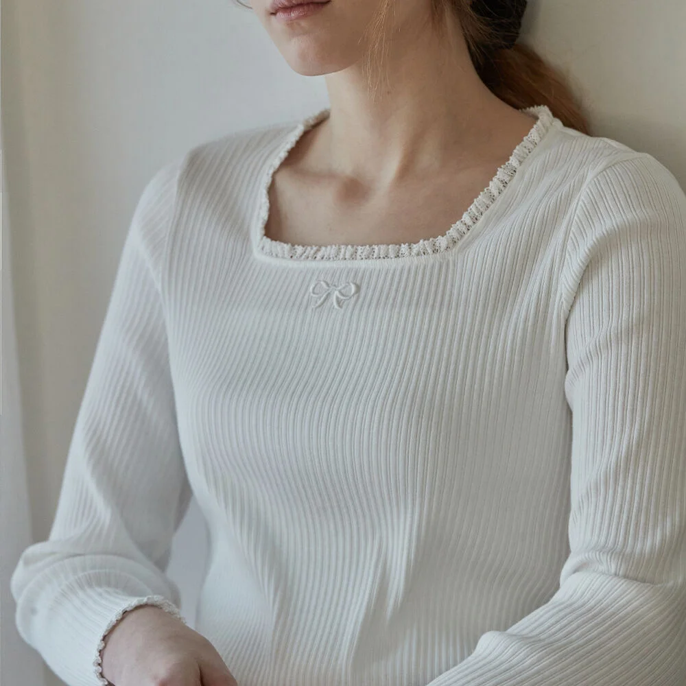 Ribbon point square neck top - Off white