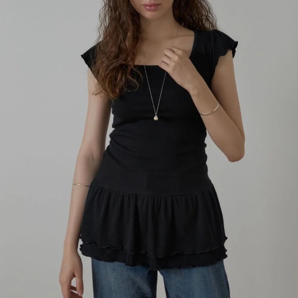 Square neck ruffle tee_Black