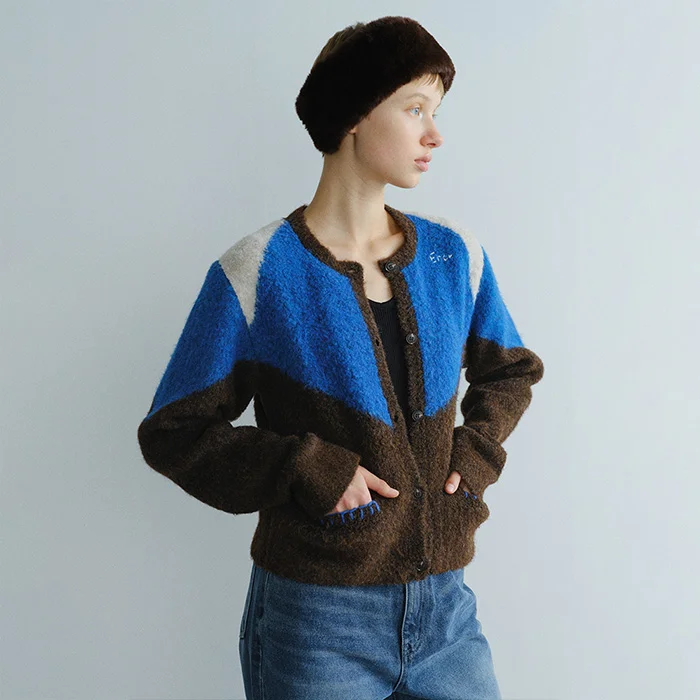 COLOR BLOCK CREW NECK CARDIGAN - BLUE