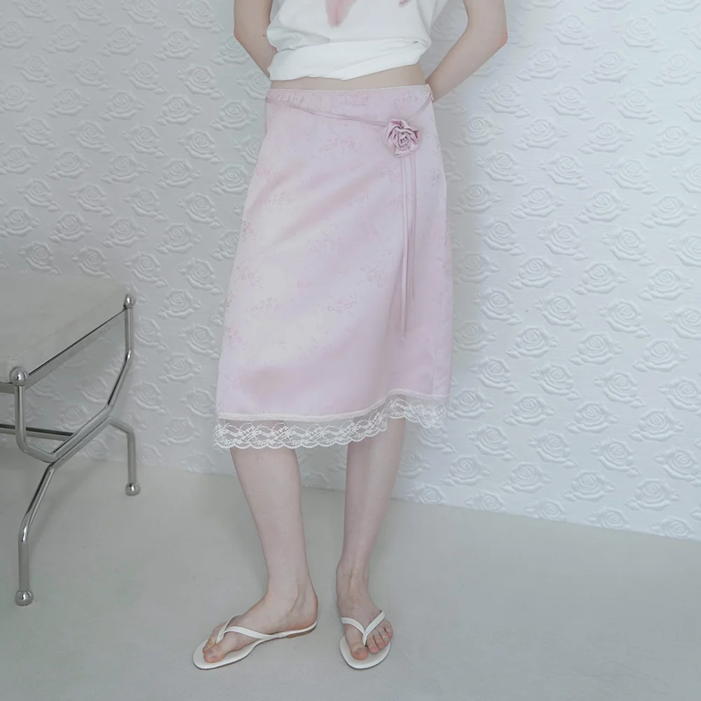 ROWE 花卉 胸花 緞面 半身裙_粉色