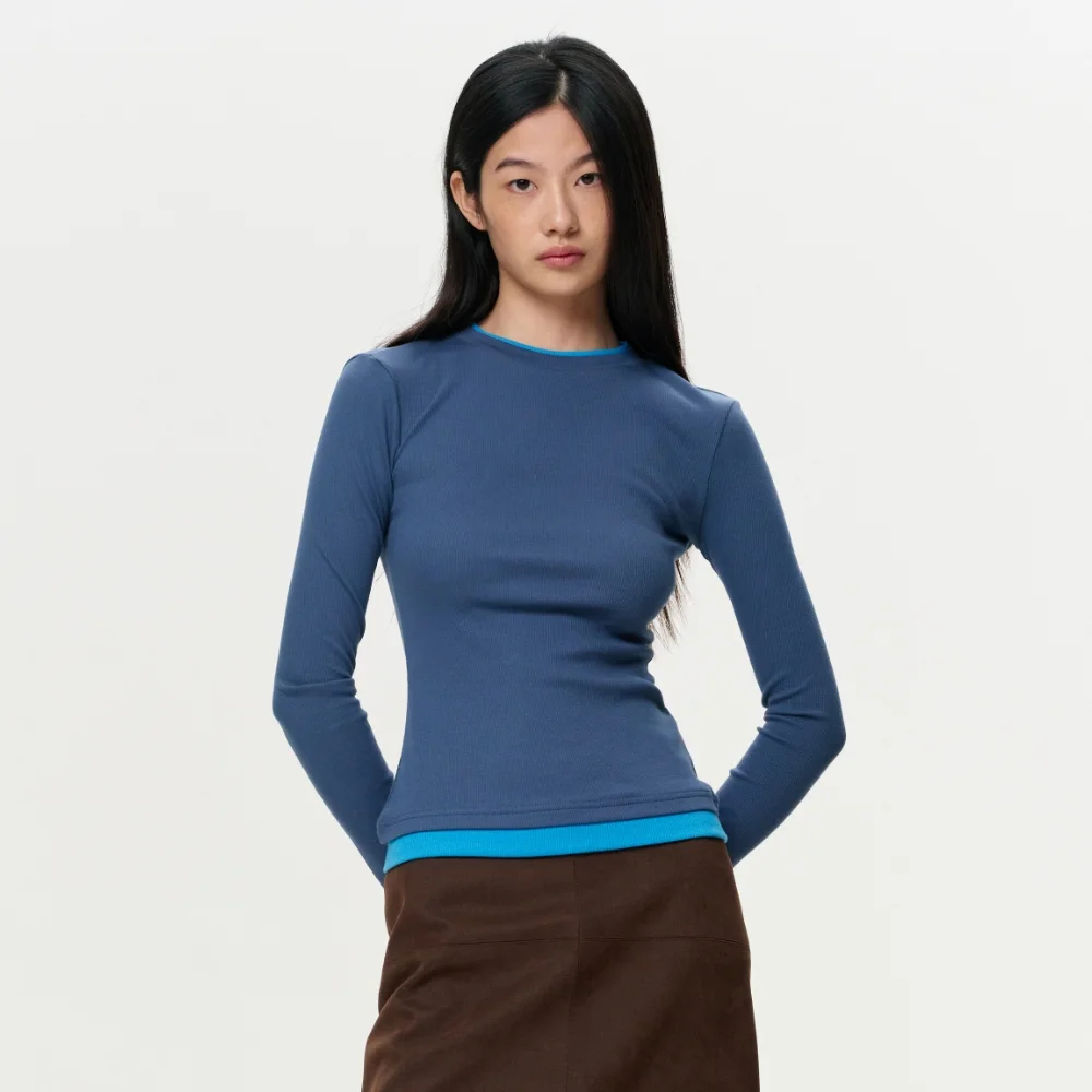 WOMEN COLOR LAYERED SLIM RIB T - VINTAGE NAVY