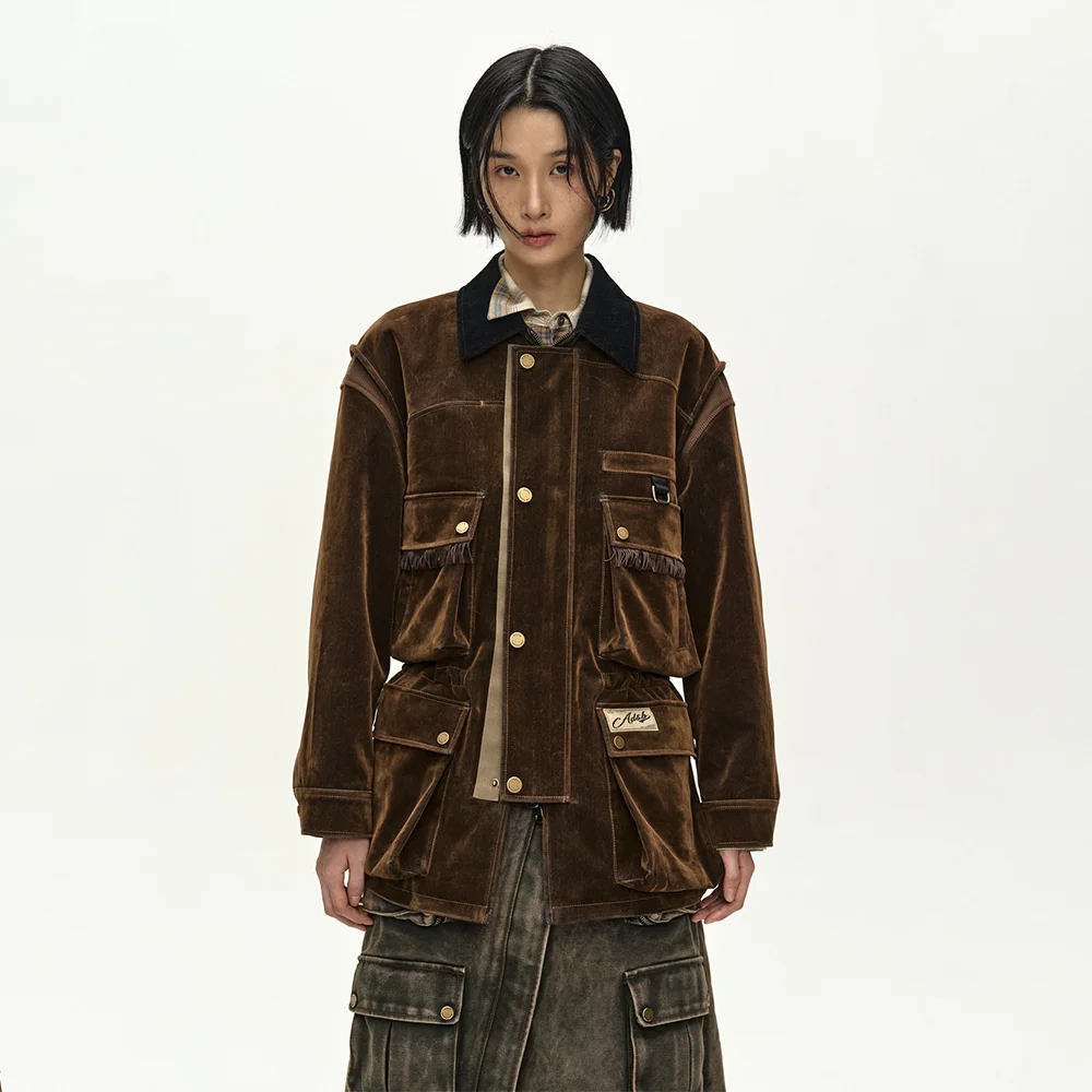 MULTI-POCKET VELVET SAFARI JACKET (BROWN)