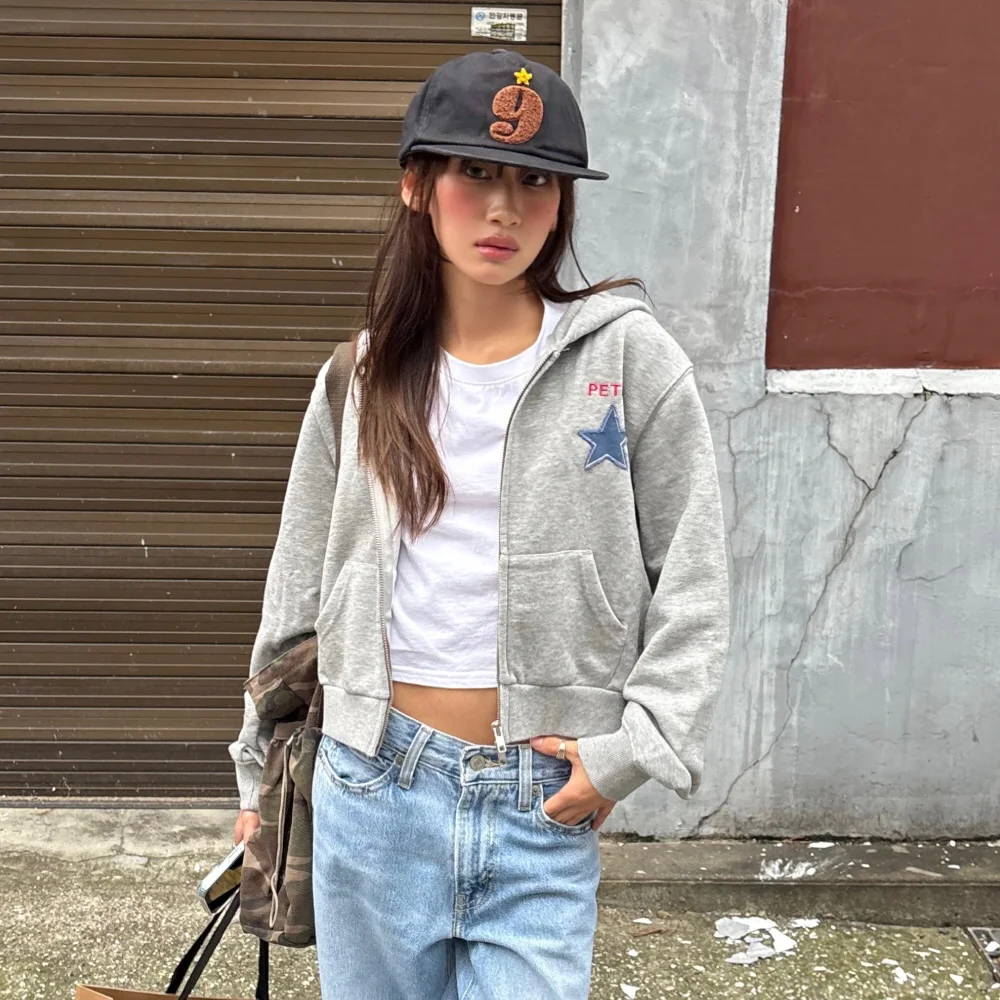 (W) PETER STAR APPLIQUE ZIP HOODIE - GRAY