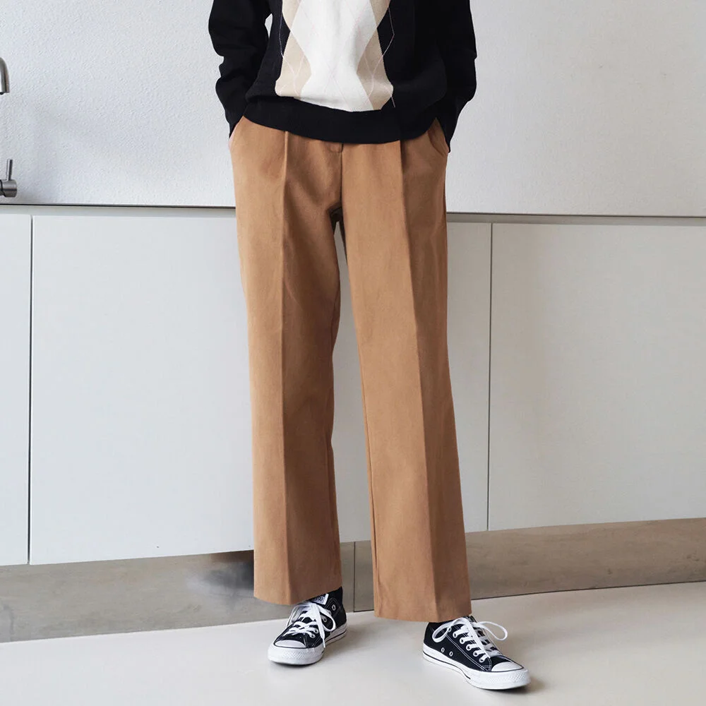 Peach pintuck side button slacks - camel beige