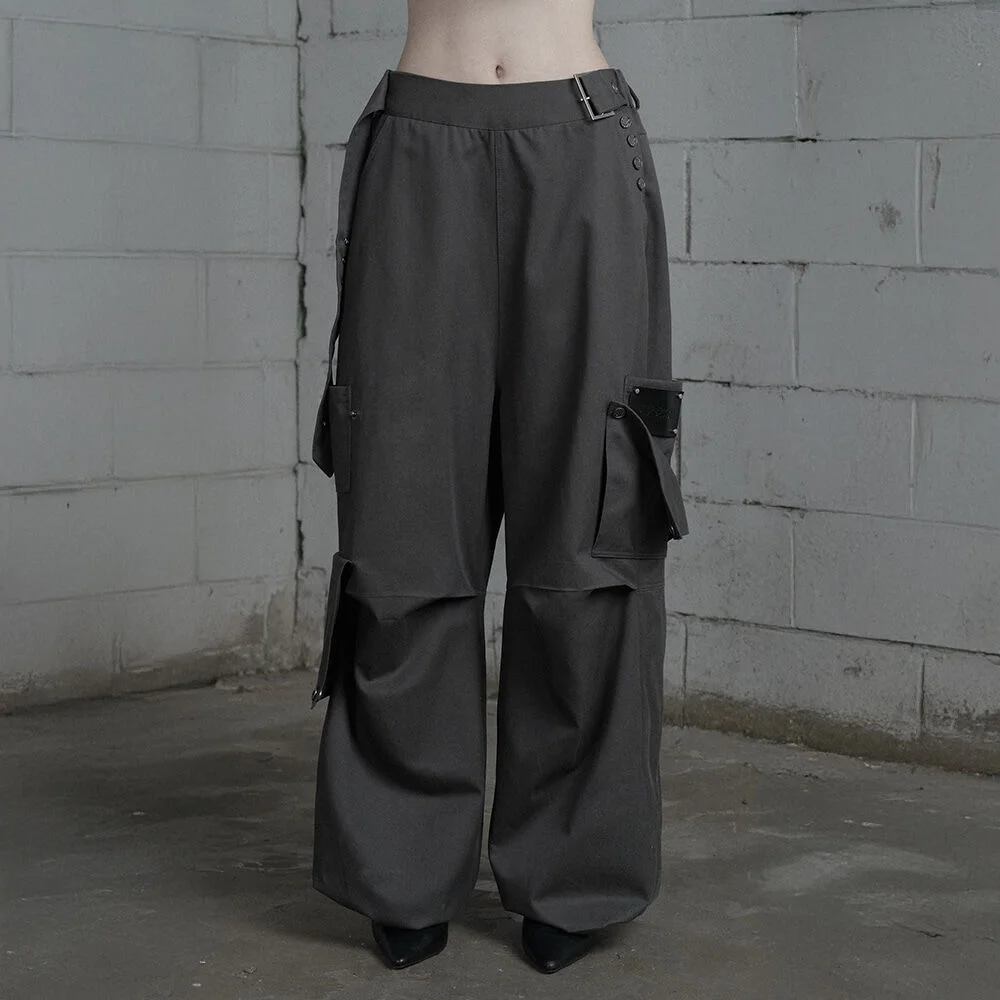 Belted Two-Pocket Cutline Oversized Pants (Charcoal)