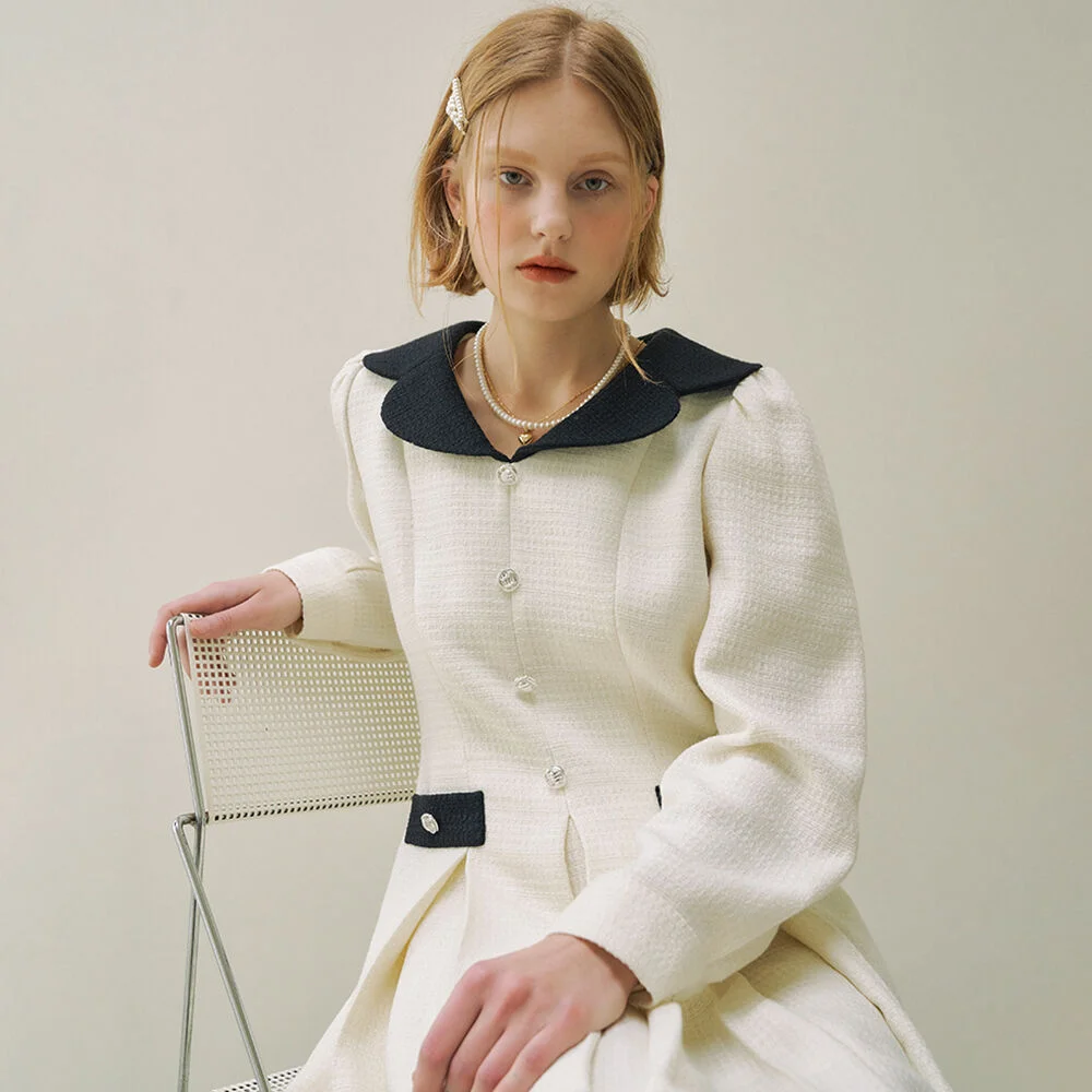 OLIVIA TWEED BUTTON DRESS - IVORY