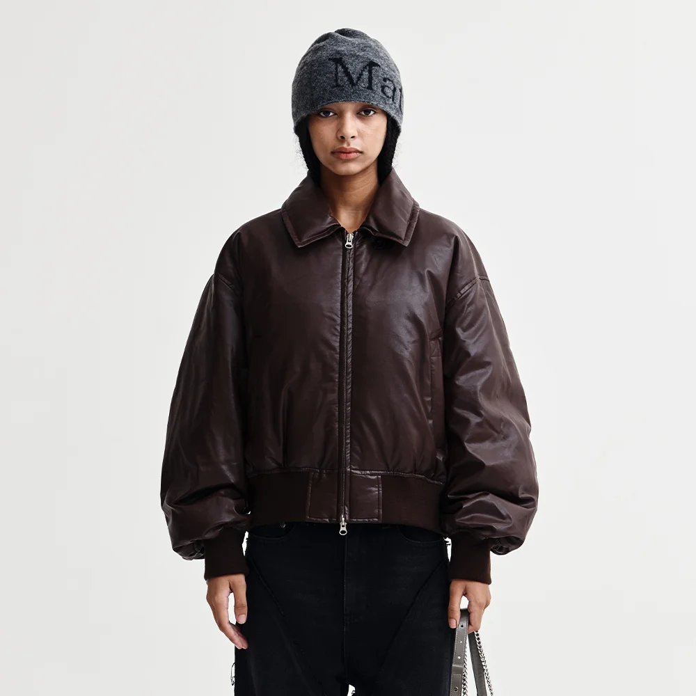 FAUX LEATHER DOWN JUMPER FOR WOMEN IN BROWN