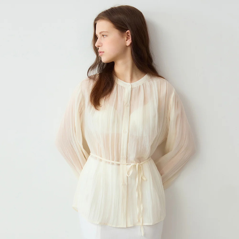 Wrinkle see through belted blouse - cream