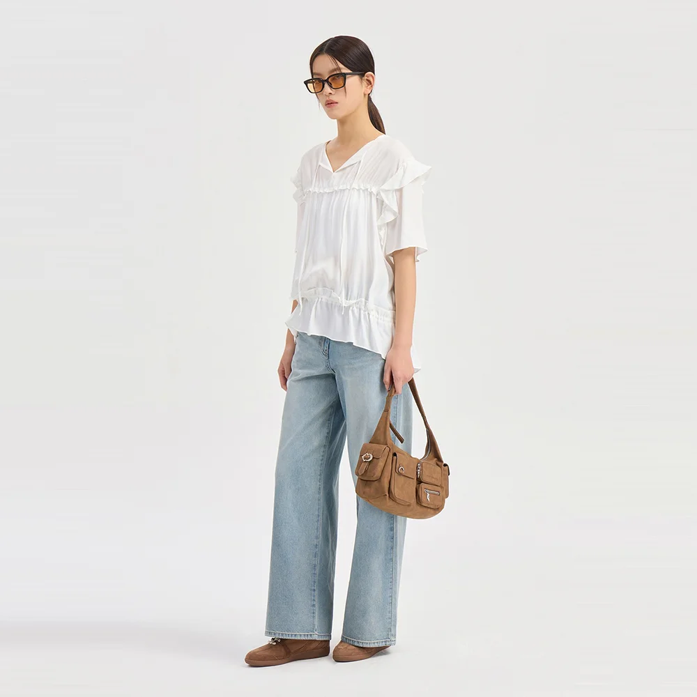 Shoulder Ruffle Short Sleeve Blouse (ivory) LFSAM26410IVX