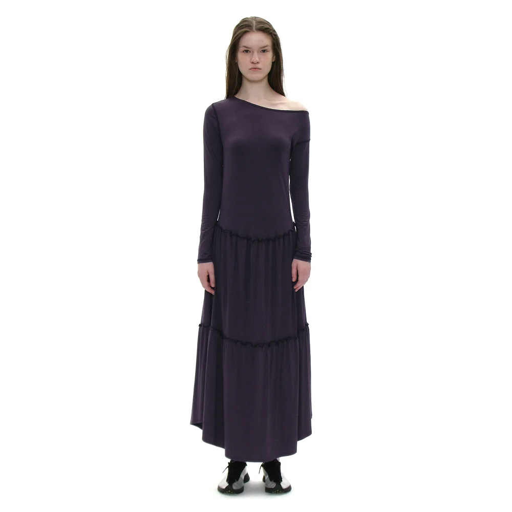 PWC UNBALANCED JERSEY SHIRRING TIERED DRESS_MIDNIGHT PLUM