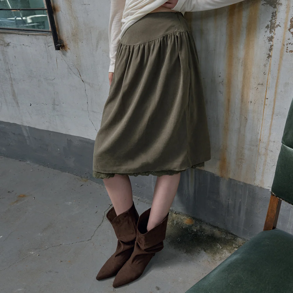 P3331 抽褶 蕾絲 半身裙_Khaki