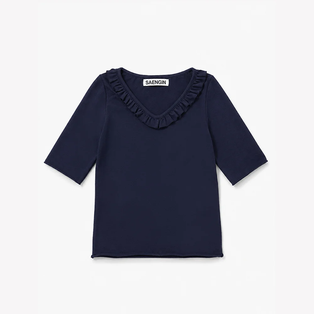 FRILL V-NECK HALF SLEEVE T-SHIRT - NAVY
